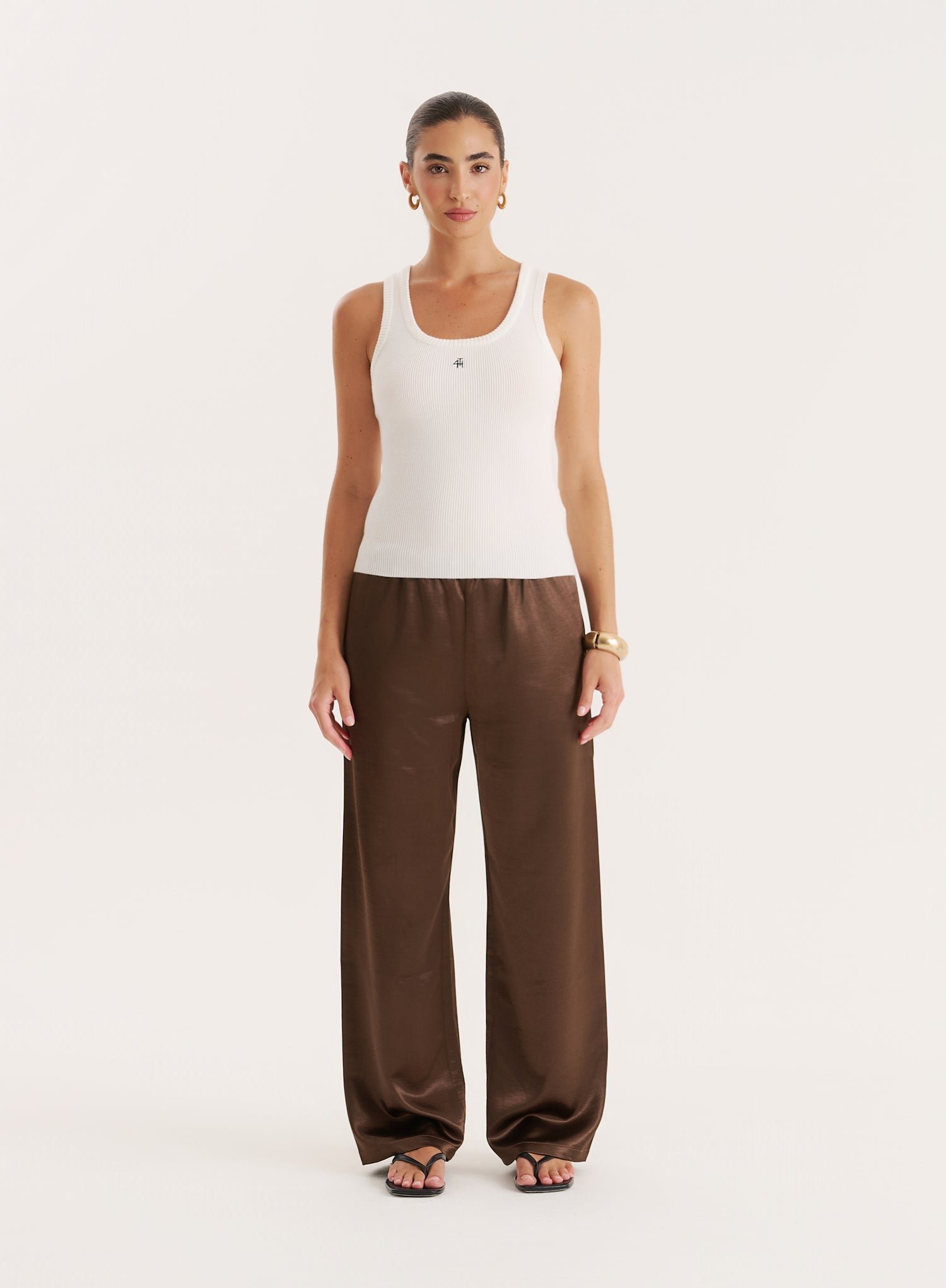 Chocolate Satin Elasticated Waist Wide Leg Trouser- Shelby