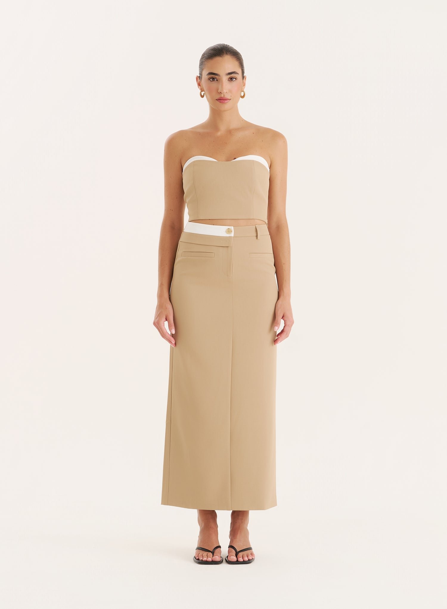 Camel Contrast Waistband Detail Tailored Maxi Skirt- Tatiana