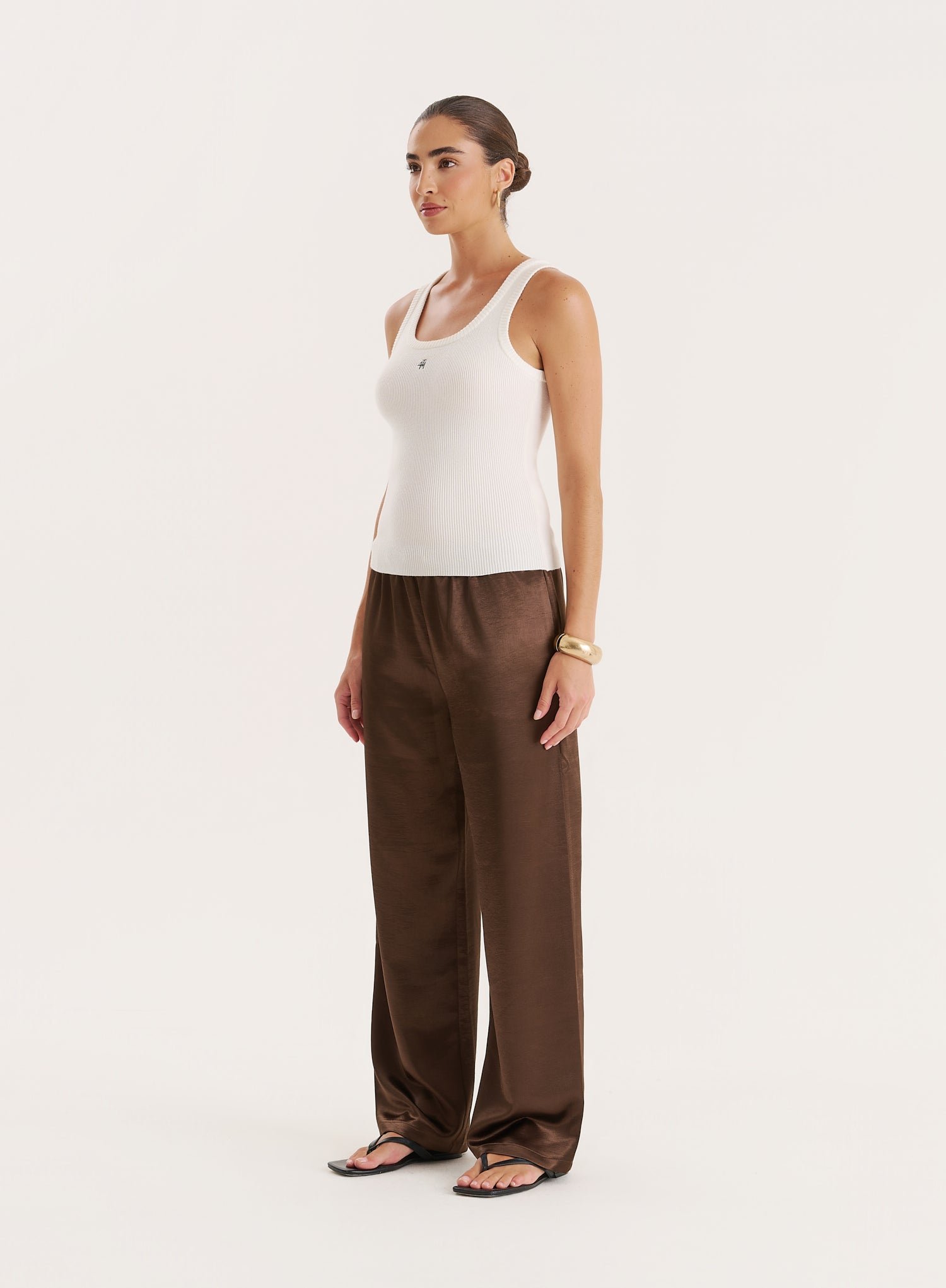 Second image of Chocolate Satin Elasticated Waist Wide Leg Trouser- Shelby