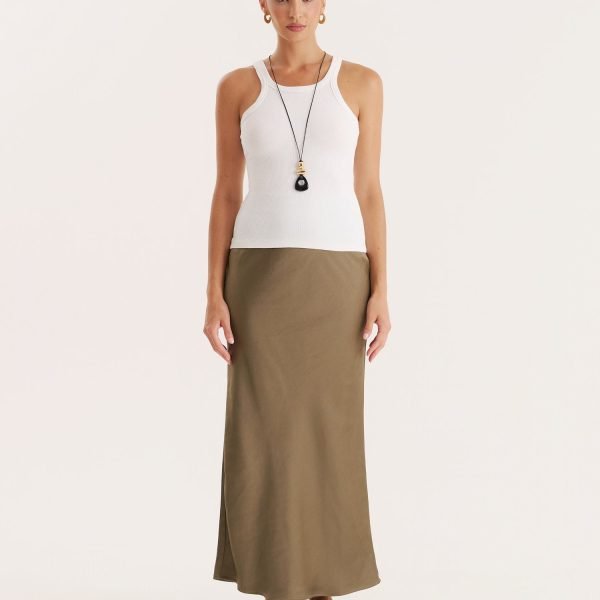 Khaki Satin Maxi Skirt- Novah