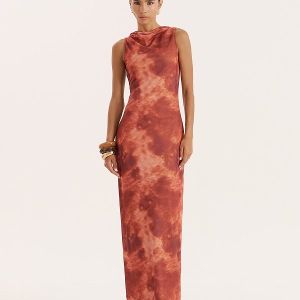 Rust Print High Neck Sleeveless Maxi Dress- Becka