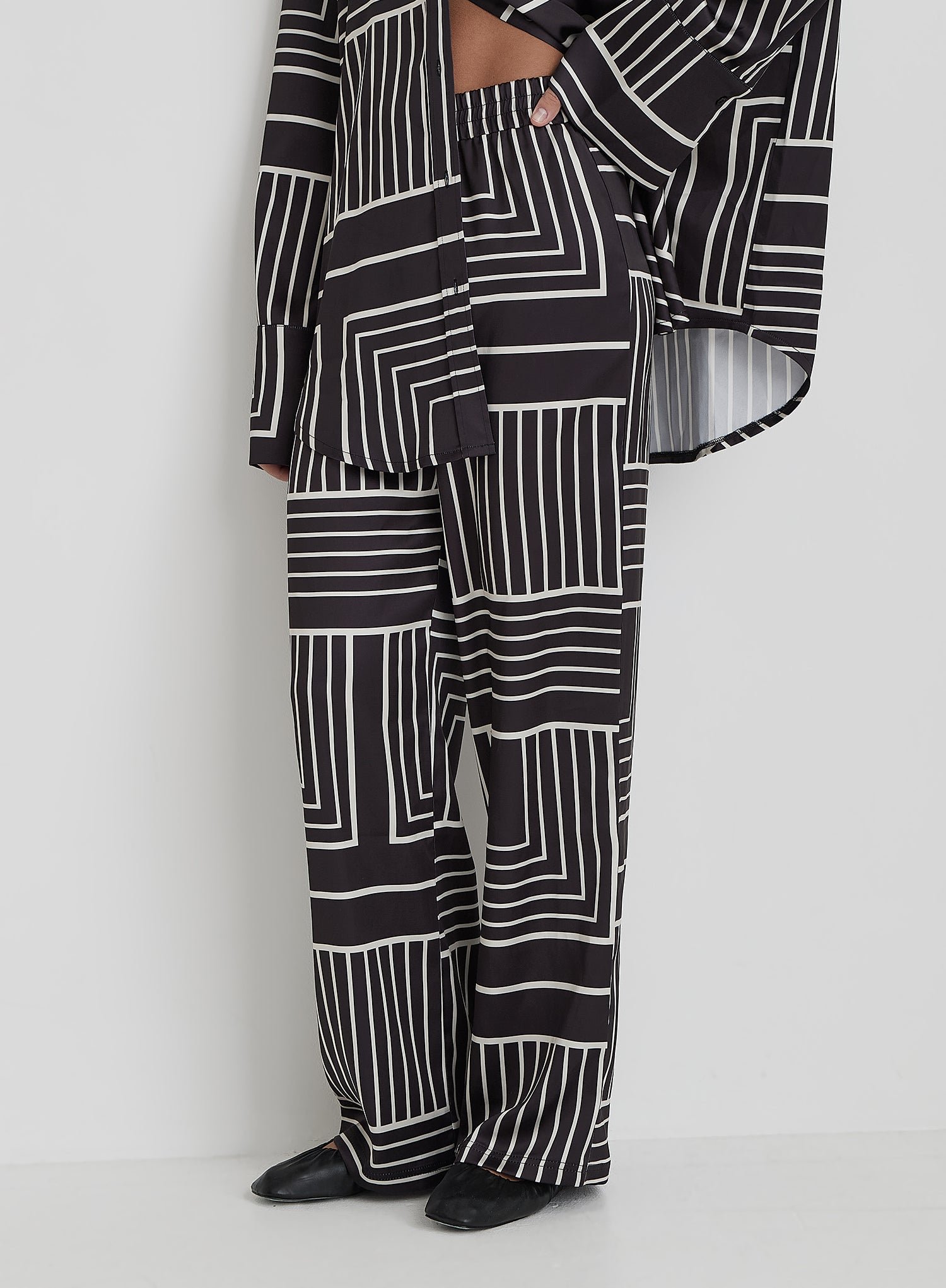 Second image of Black And Cream Abstract Print Relaxed Satin Trouser- Kora