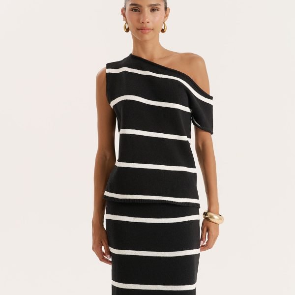 Black And White Stripe Knitted Off The Shoulder Top- Aisa