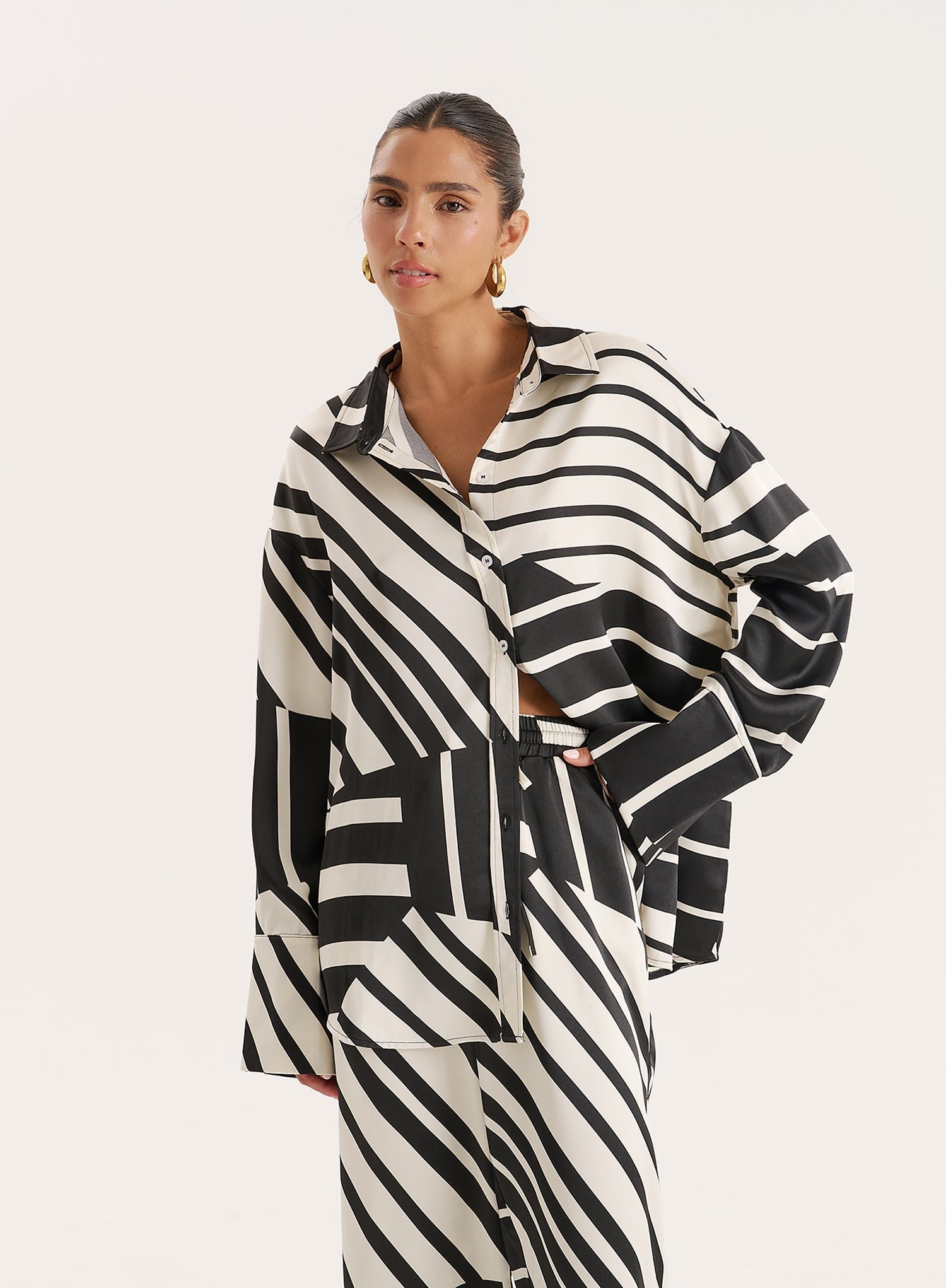 Black And White Abstract Print Satin Shirt- Amira
