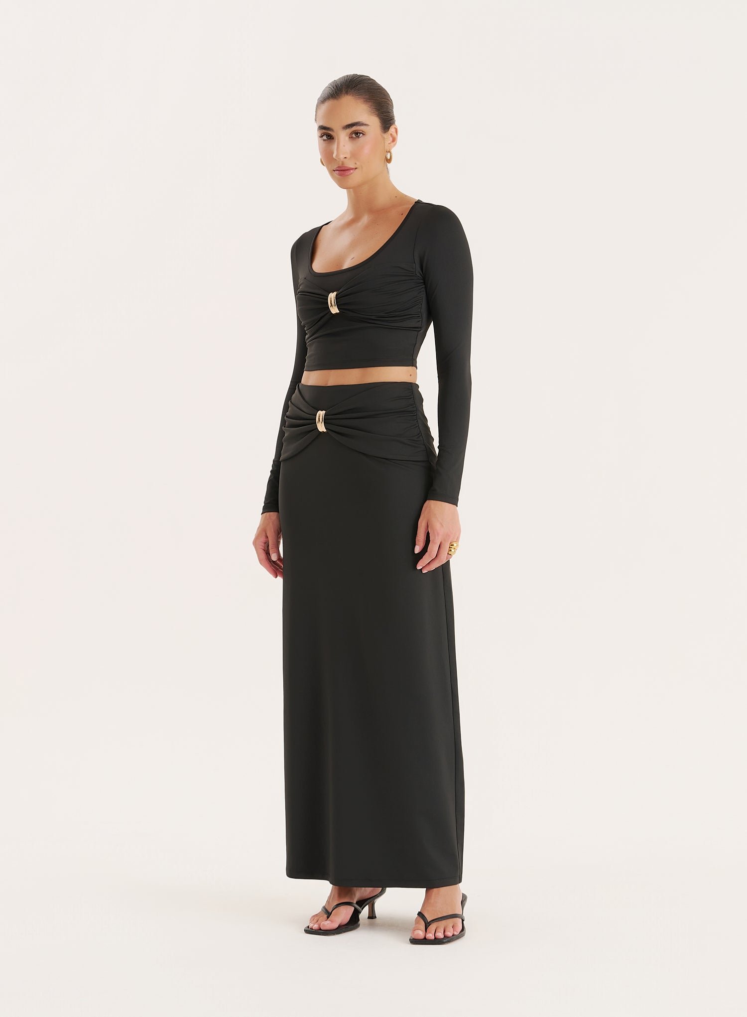 Second image of Black Bust Detail Long Sleeve Cropped Top- Lyra