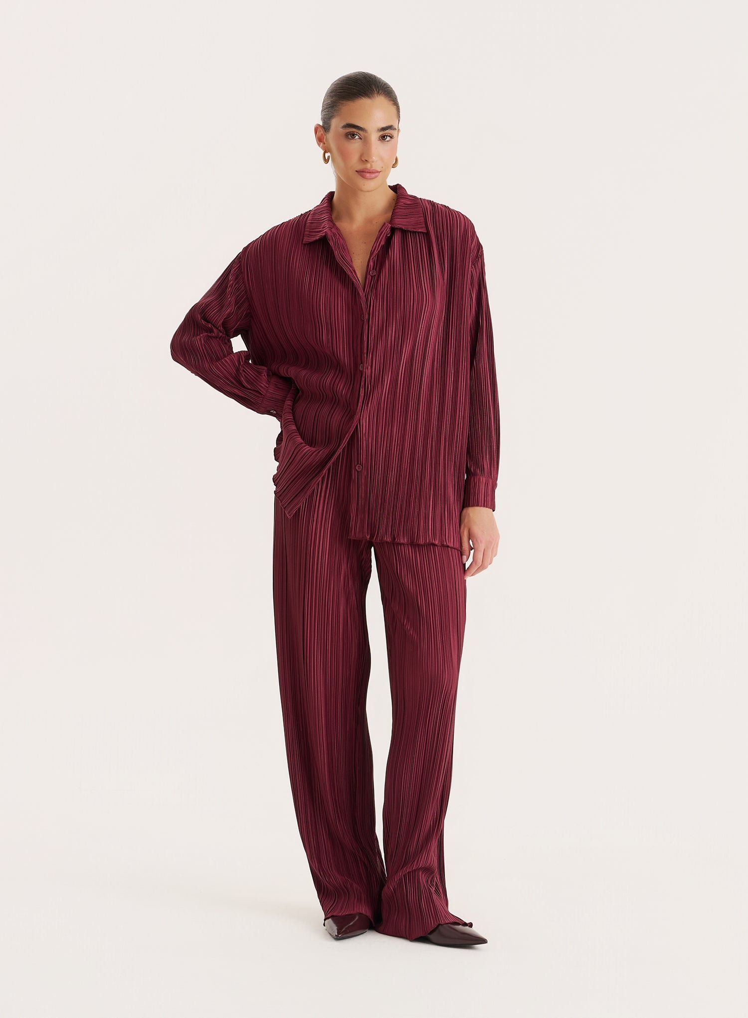 Second image of Burgundy Plisse Shirt- Palais