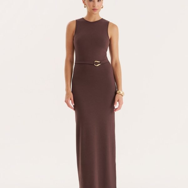 Chocolate Gold Hardware Belt Detail Maxi Dress- Arden