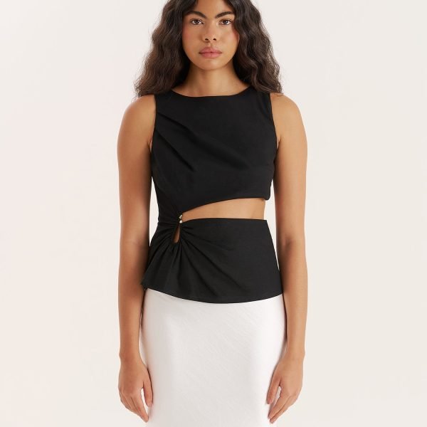 Black Linen Blend Cut Out Hardware Detail Top- Milly