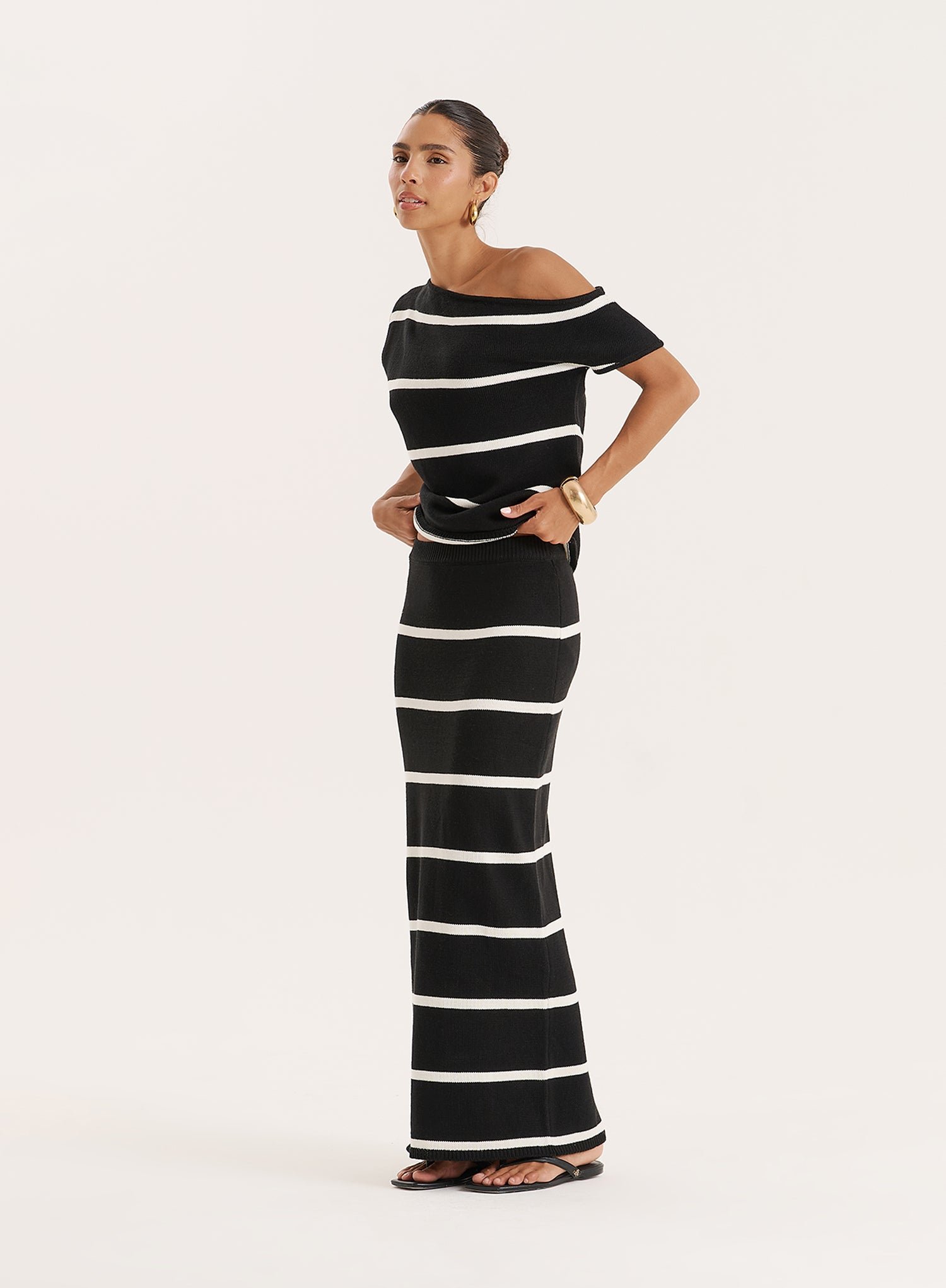 Second image of Black And White Stripe Knitted Off The Shoulder Top- Aisa