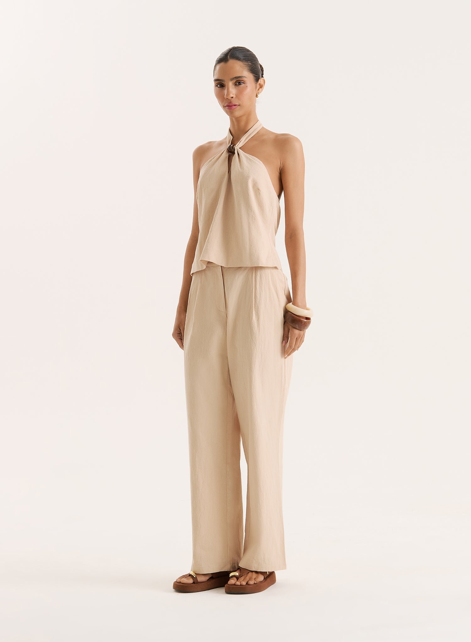 Second image of Beige Cotton Wide Leg Trousers- Vivian