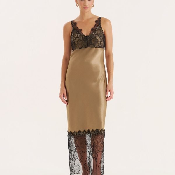 Khaki Satin Lace Trim Maxi Dress- Smythson