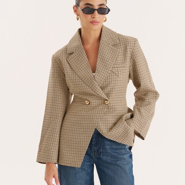 Check Print Cinched Waist Tailored Blazer- Reese