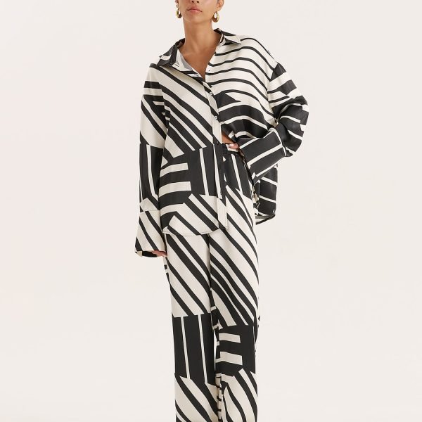Black And White Abstract Print Satin Trouser- Amira