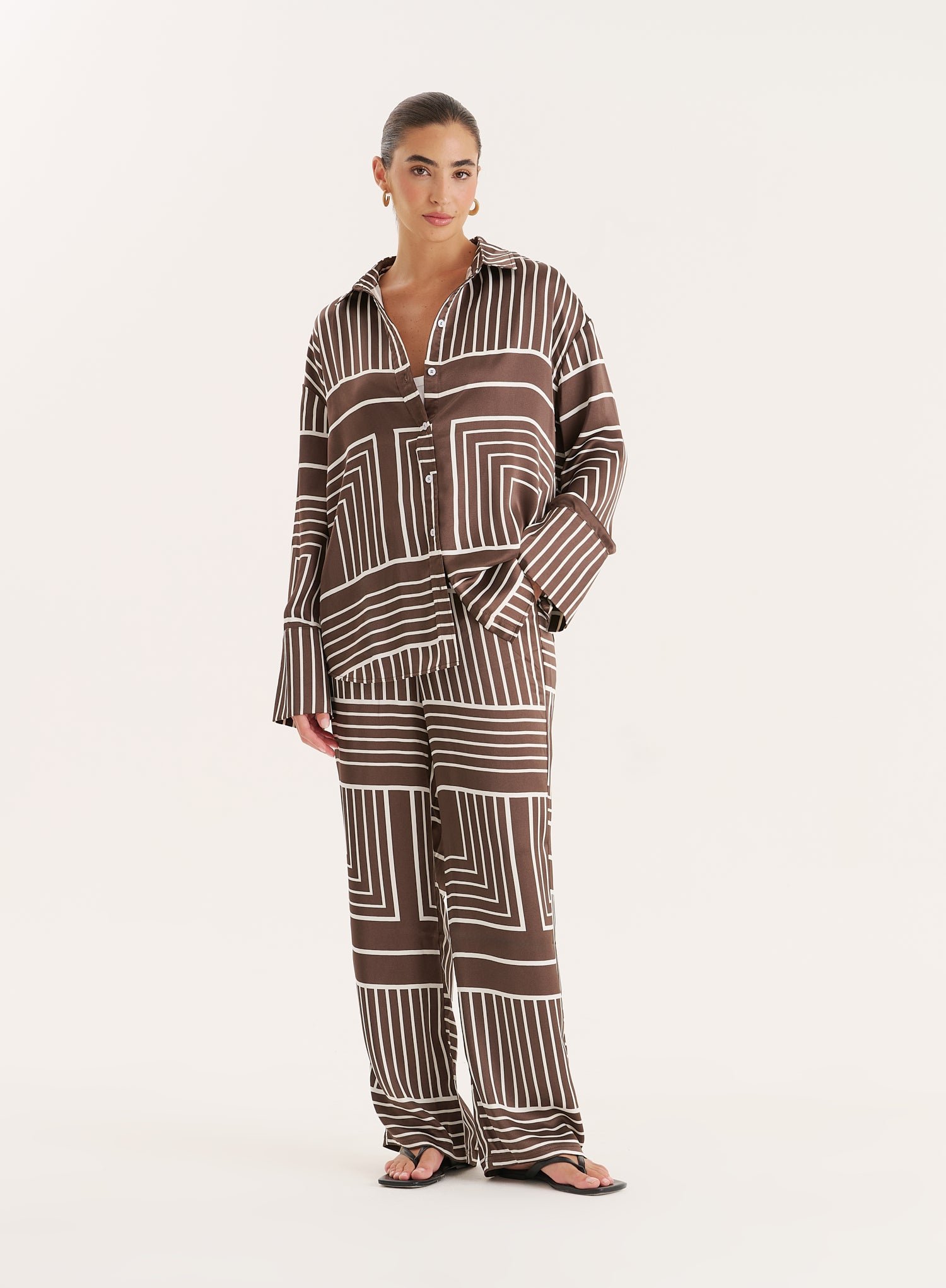 Second image of Chocolate Abstract Print Satin Shirt- Amira